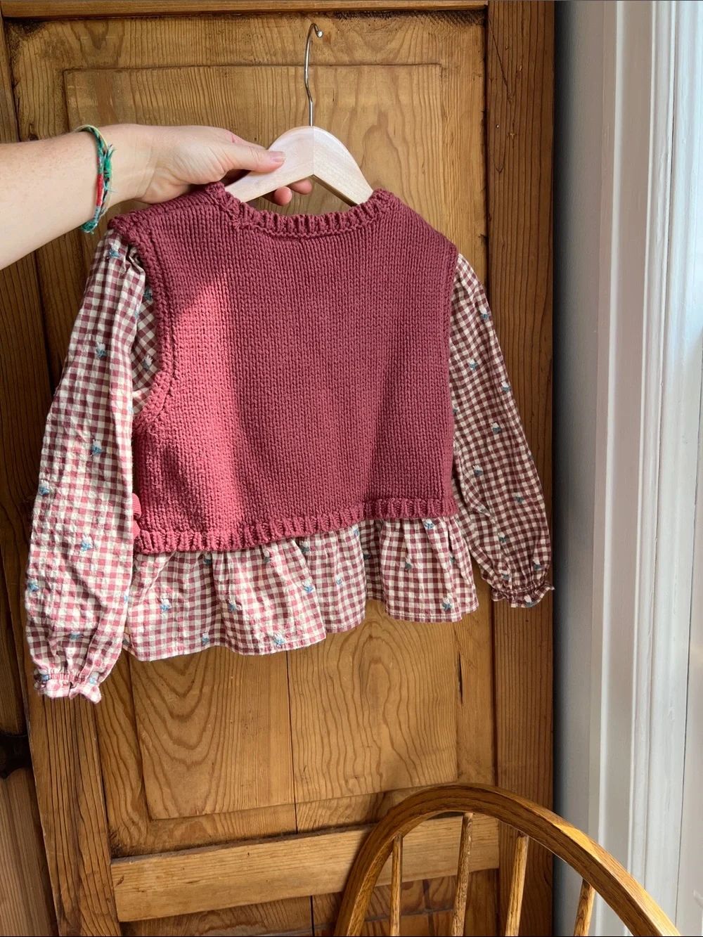 Zara | Girls' Burgundy Knit Peplum Top with Gingham Sleeves